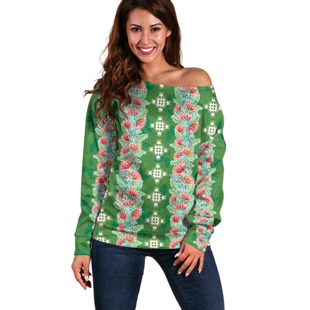 Hawaii Ohia Lehua Off Shoulder Sweater Tropical Vibes Green