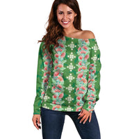 Hawaii Ohia Lehua Off Shoulder Sweater Tropical Vibes Green