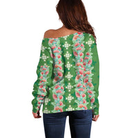 Hawaii Ohia Lehua Off Shoulder Sweater Tropical Vibes Green