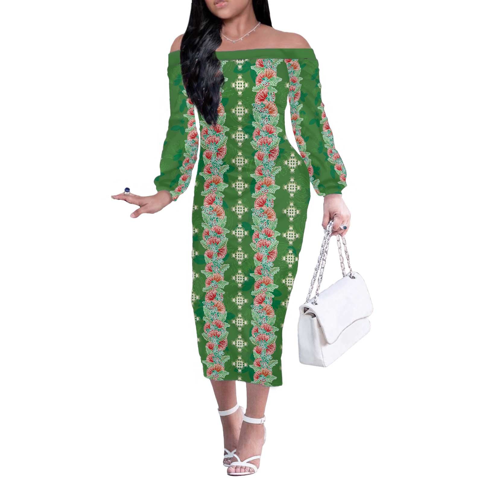 Hawaii Ohia Lehua Off The Shoulder Long Sleeve Dress Tropical Vibes Green