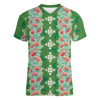 Hawaii Ohia Lehua Women V-Neck T-Shirt Tropical Vibes Green LT05 Female Green - Polynesian Pride
