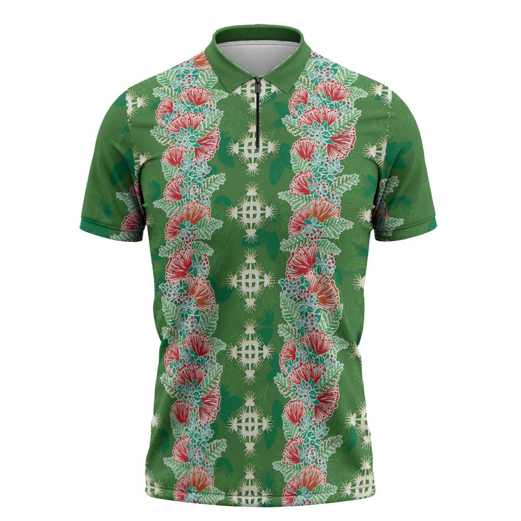 Hawaii Ohia Lehua Zipper Polo Shirt Tropical Vibes Green