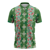 Hawaii Ohia Lehua Zipper Polo Shirt Tropical Vibes Green