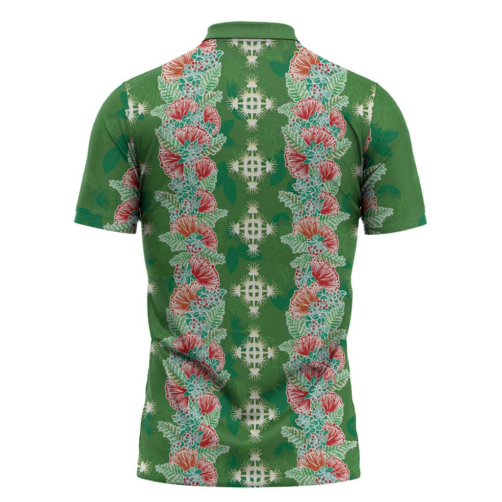 Hawaii Ohia Lehua Zipper Polo Shirt Tropical Vibes Green