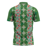 Hawaii Ohia Lehua Zipper Polo Shirt Tropical Vibes Green