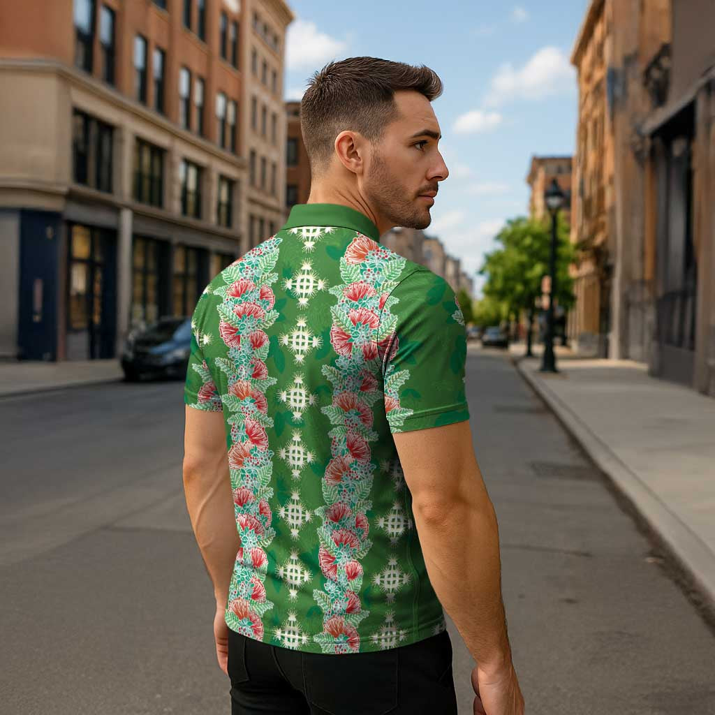Hawaii Ohia Lehua Zipper Polo Shirt Tropical Vibes Green