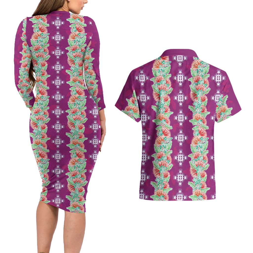 Hawaii Ohia Lehua Couples Matching Long Sleeve Bodycon Dress and Hawaiian Shirt Tropical Vibes Fuchsia