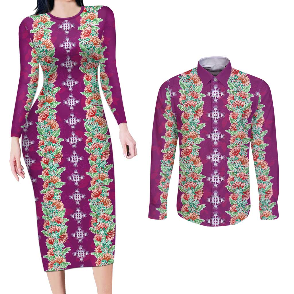 Hawaii Ohia Lehua Couples Matching Long Sleeve Bodycon Dress and Long Sleeve Button Shirt Tropical Vibes Fuchsia LT05 Fuchsia - Polynesian Pride