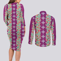 Hawaii Ohia Lehua Couples Matching Long Sleeve Bodycon Dress and Long Sleeve Button Shirt Tropical Vibes Fuchsia LT05 - Polynesian Pride