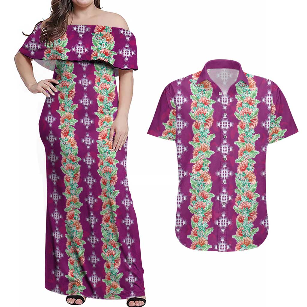 Hawaii Ohia Lehua Couples Matching Off Shoulder Maxi Dress and Hawaiian Shirt Tropical Vibes Fuchsia LT05 Fuchsia - Polynesian Pride