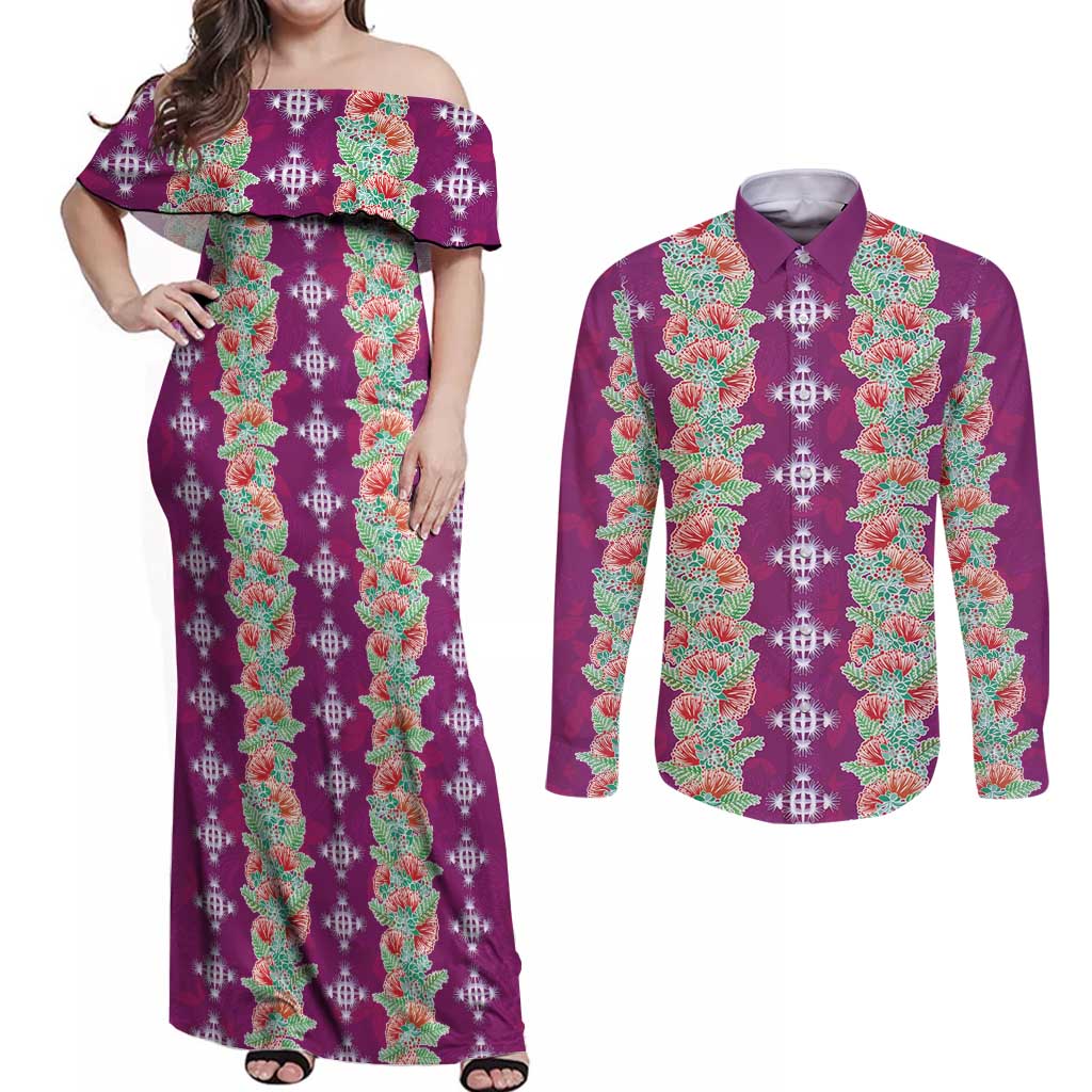 Hawaii Ohia Lehua Couples Matching Off Shoulder Maxi Dress and Long Sleeve Button Shirt Tropical Vibes Fuchsia LT05 Fuchsia - Polynesian Pride