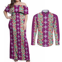Hawaii Ohia Lehua Couples Matching Off Shoulder Maxi Dress and Long Sleeve Button Shirt Tropical Vibes Fuchsia LT05 Fuchsia - Polynesian Pride