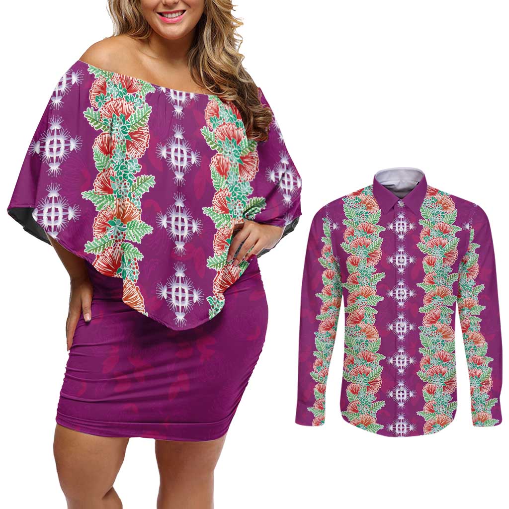 Hawaii Ohia Lehua Couples Matching Off Shoulder Short Dress and Long Sleeve Button Shirt Tropical Vibes Fuchsia LT05 Fuchsia - Polynesian Pride