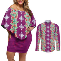 Hawaii Ohia Lehua Couples Matching Off Shoulder Short Dress and Long Sleeve Button Shirt Tropical Vibes Fuchsia LT05 Fuchsia - Polynesian Pride