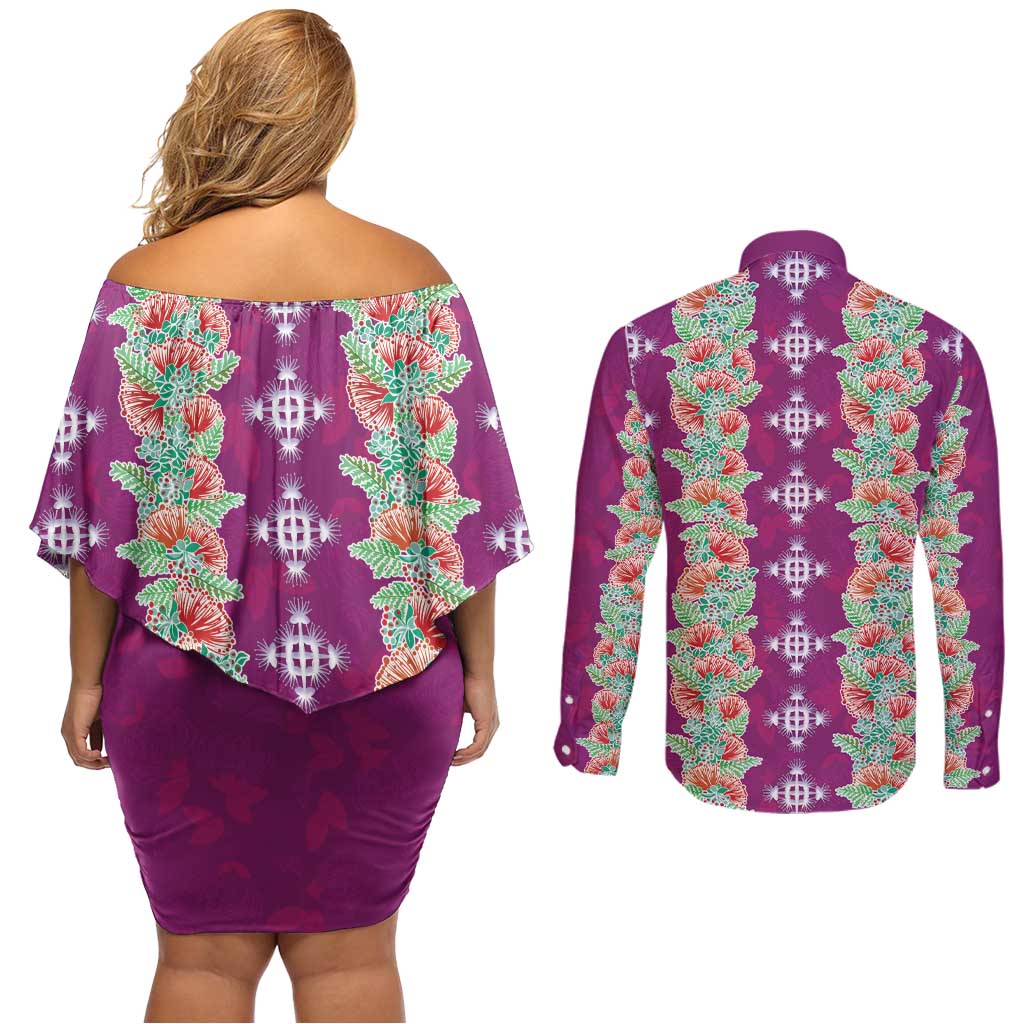 Hawaii Ohia Lehua Couples Matching Off Shoulder Short Dress and Long Sleeve Button Shirt Tropical Vibes Fuchsia LT05 - Polynesian Pride