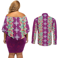 Hawaii Ohia Lehua Couples Matching Off Shoulder Short Dress and Long Sleeve Button Shirt Tropical Vibes Fuchsia LT05 - Polynesian Pride