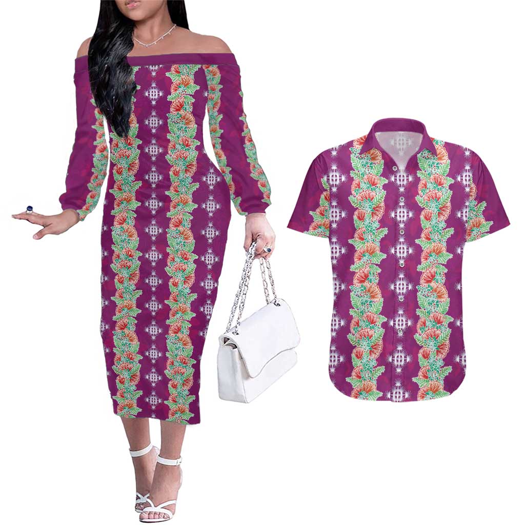 Hawaii Ohia Lehua Couples Matching Off The Shoulder Long Sleeve Dress and Hawaiian Shirt Tropical Vibes Fuchsia