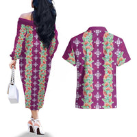 Hawaii Ohia Lehua Couples Matching Off The Shoulder Long Sleeve Dress and Hawaiian Shirt Tropical Vibes Fuchsia