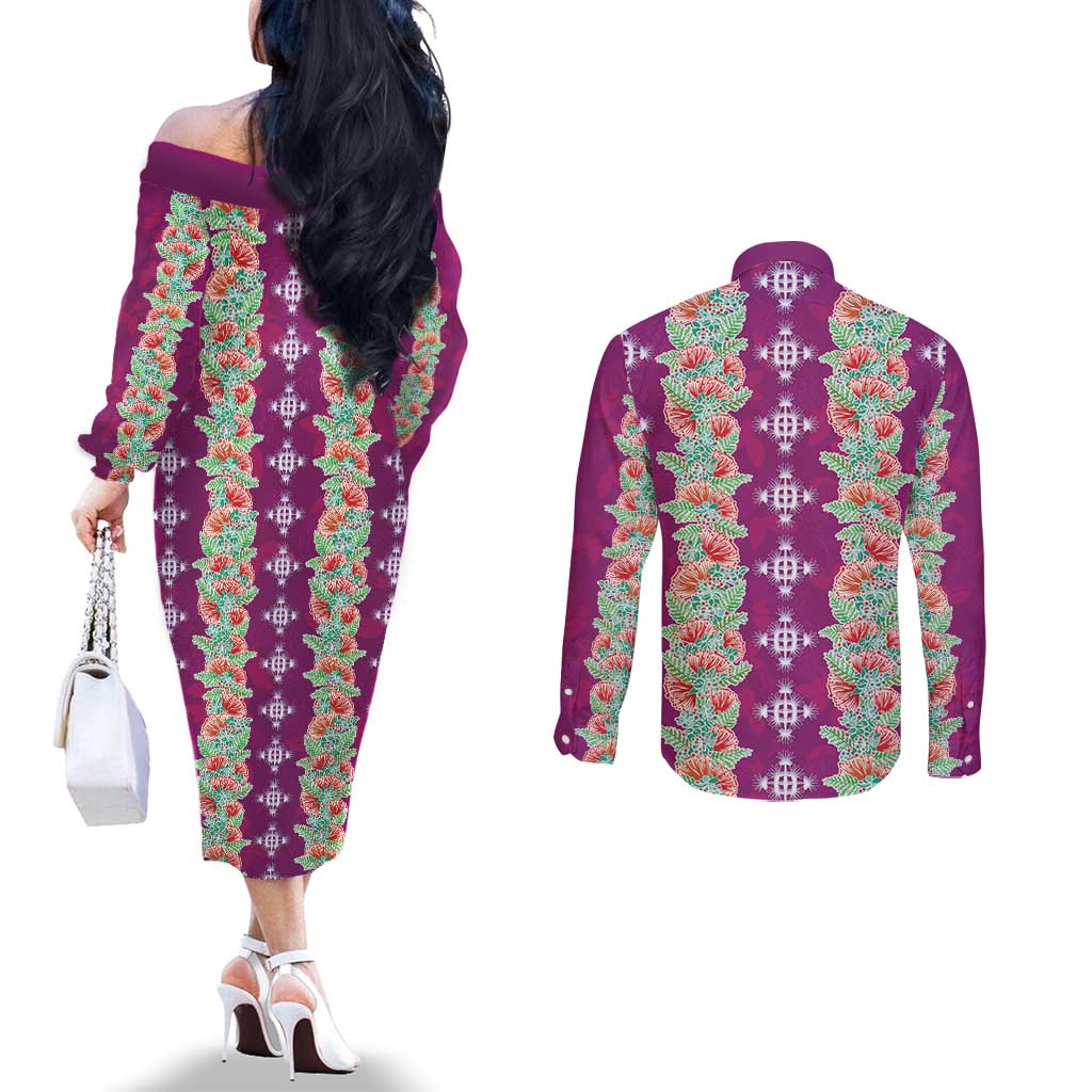 Hawaii Ohia Lehua Couples Matching Off The Shoulder Long Sleeve Dress and Long Sleeve Button Shirt Tropical Vibes Fuchsia LT05 - Polynesian Pride