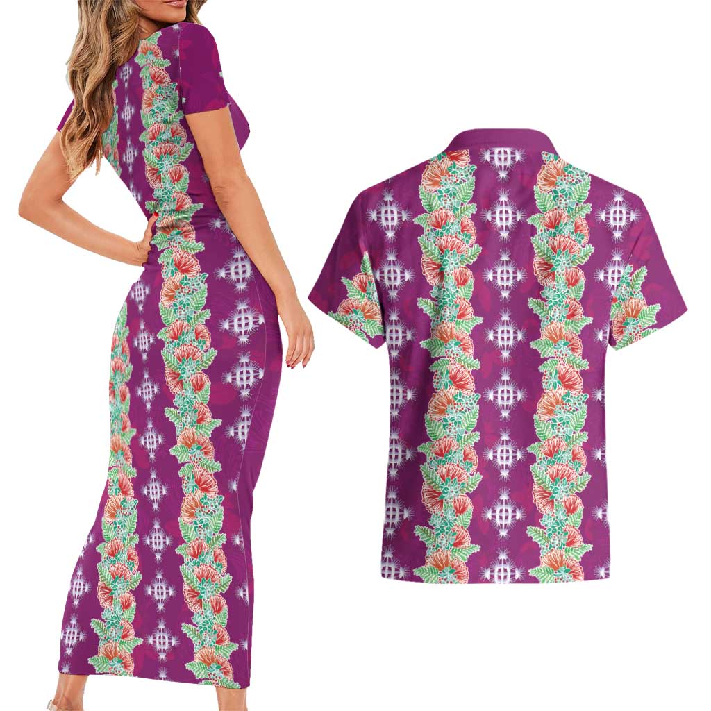 Hawaii Ohia Lehua Couples Matching Short Sleeve Bodycon Dress and Hawaiian Shirt Tropical Vibes Fuchsia