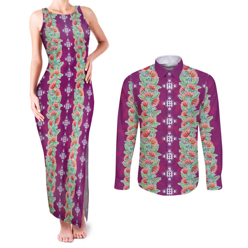 Hawaii Ohia Lehua Couples Matching Tank Maxi Dress and Long Sleeve Button Shirt Tropical Vibes Fuchsia LT05 Fuchsia - Polynesian Pride