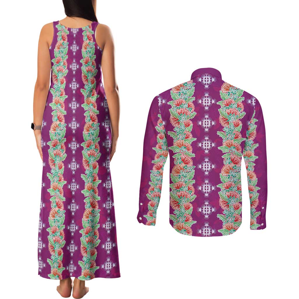 Hawaii Ohia Lehua Couples Matching Tank Maxi Dress and Long Sleeve Button Shirt Tropical Vibes Fuchsia LT05 - Polynesian Pride