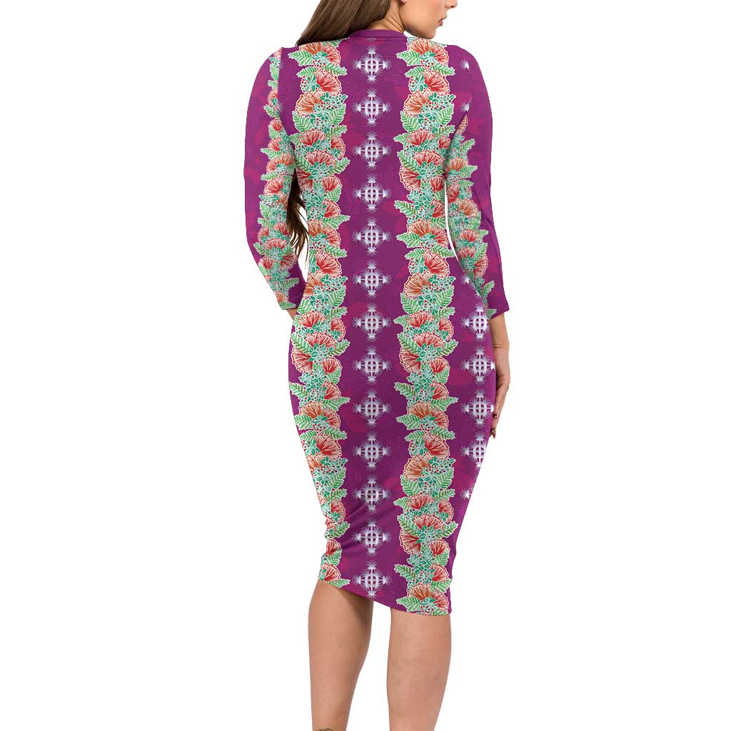 Hawaii Ohia Lehua Family Matching Long Sleeve Bodycon Dress and Hawaiian Shirt Tropical Vibes Fuchsia LT05 - Polynesian Pride