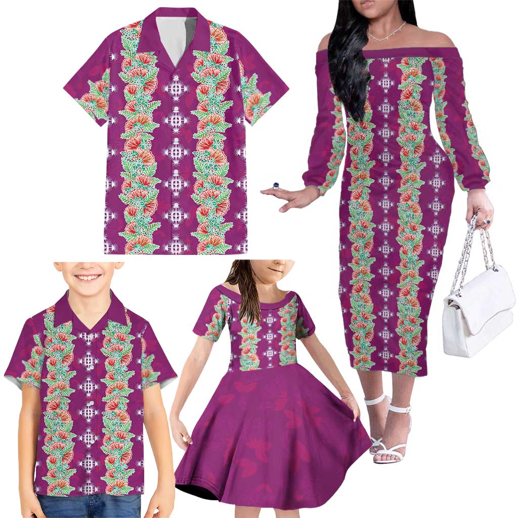 Hawaii Ohia Lehua Family Matching Off The Shoulder Long Sleeve Dress and Hawaiian Shirt Tropical Vibes Fuchsia