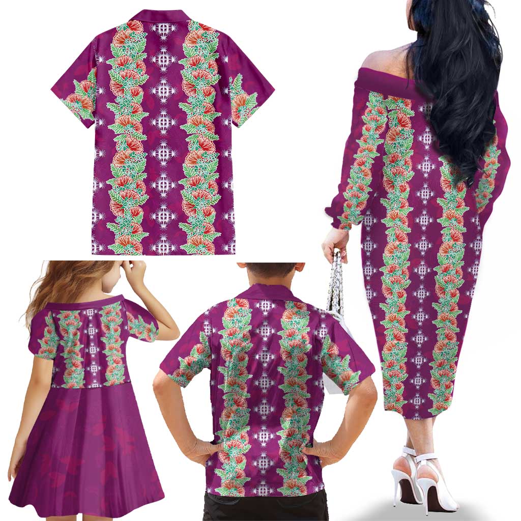 Hawaii Ohia Lehua Family Matching Off The Shoulder Long Sleeve Dress and Hawaiian Shirt Tropical Vibes Fuchsia