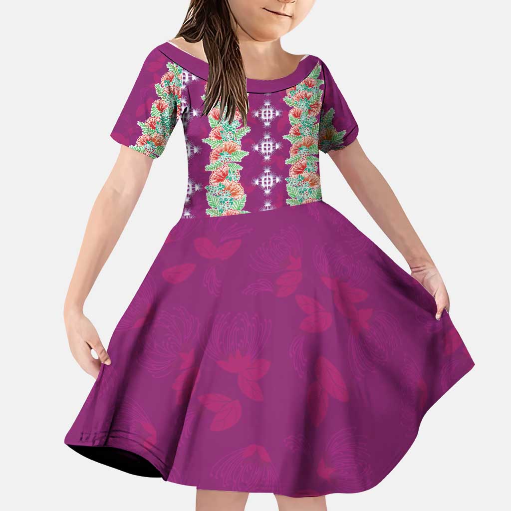 Hawaii Ohia Lehua Family Matching Off Shoulder Short Dress and Hawaiian Shirt Tropical Vibes Fuchsia LT05 Daughter's Dress Fuchsia - Polynesian Pride