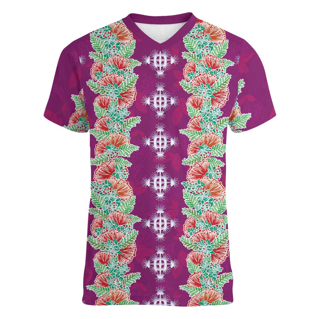 Hawaii Ohia Lehua Women V-Neck T-Shirt Tropical Vibes Fuchsia LT05 Female Fuchsia - Polynesian Pride