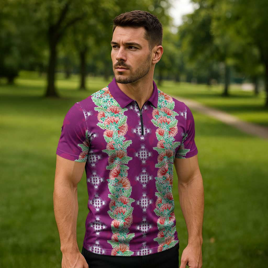 Hawaii Ohia Lehua Zipper Polo Shirt Tropical Vibes Fuchsia