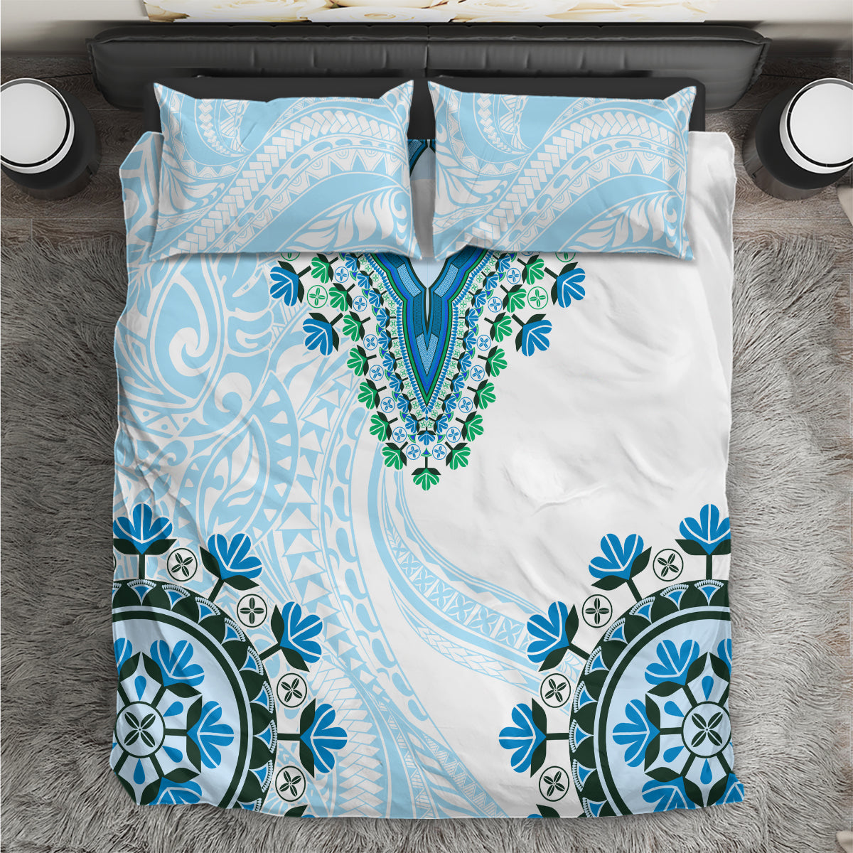 Africa Dashiki Bedding Set With Polynesian Pattern Blue Version