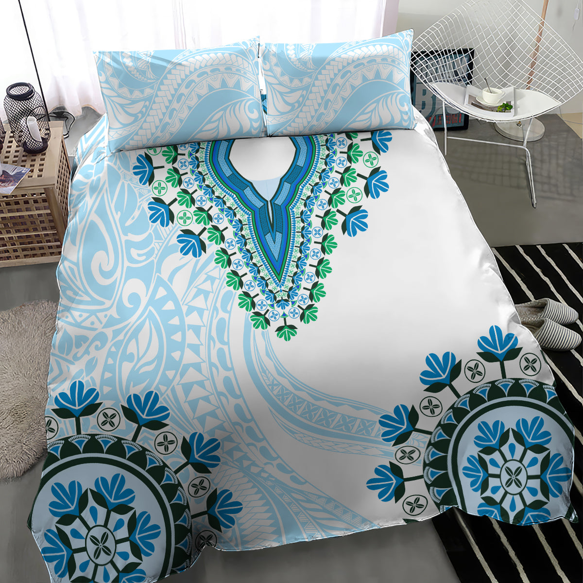 Africa Dashiki Bedding Set With Polynesian Pattern Blue Version