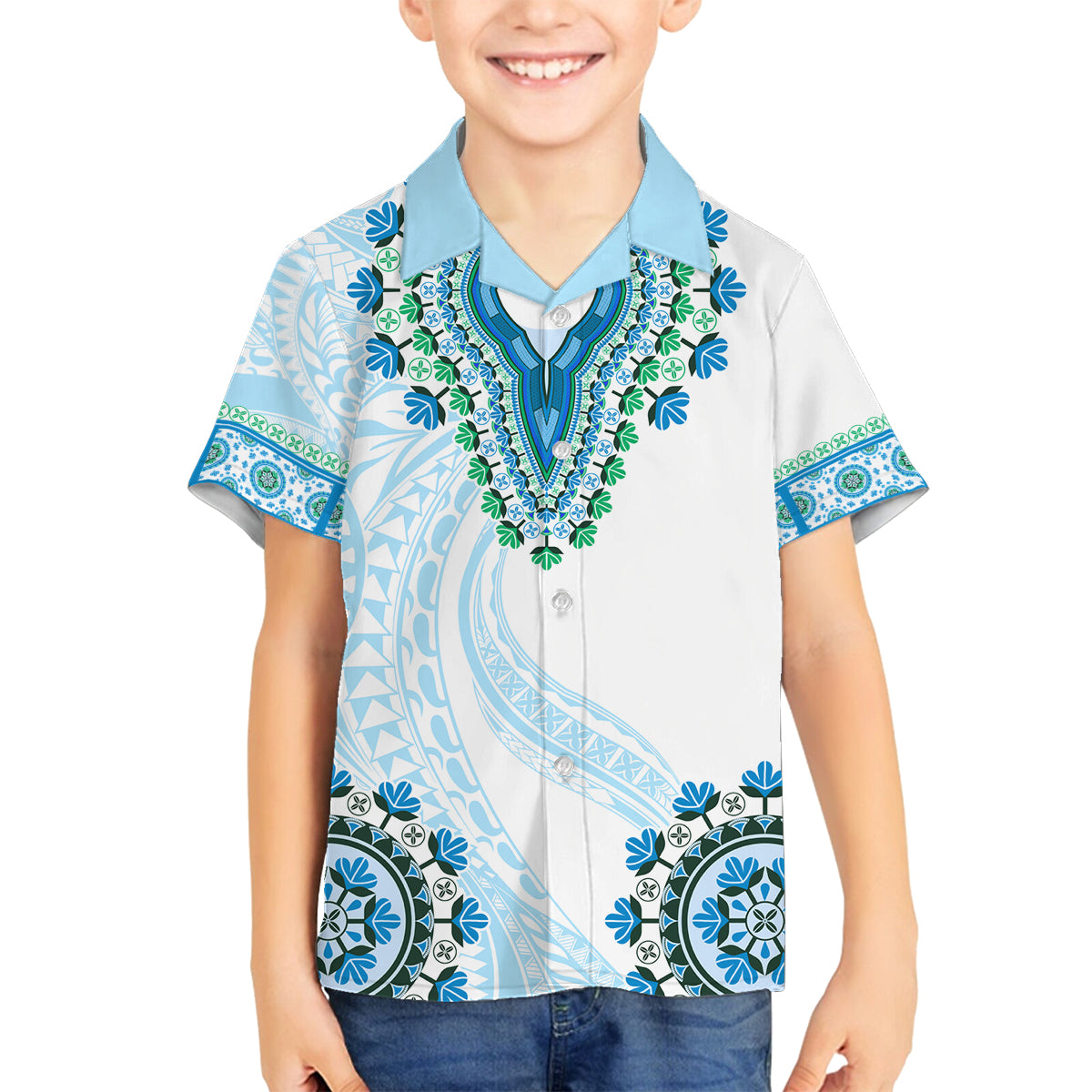 Africa Dashiki Family Matching Off Shoulder Short Dress and Hawaiian Shirt With Polynesian Pattern Blue Version LT05 Son's Shirt Blue - Polynesian Pride