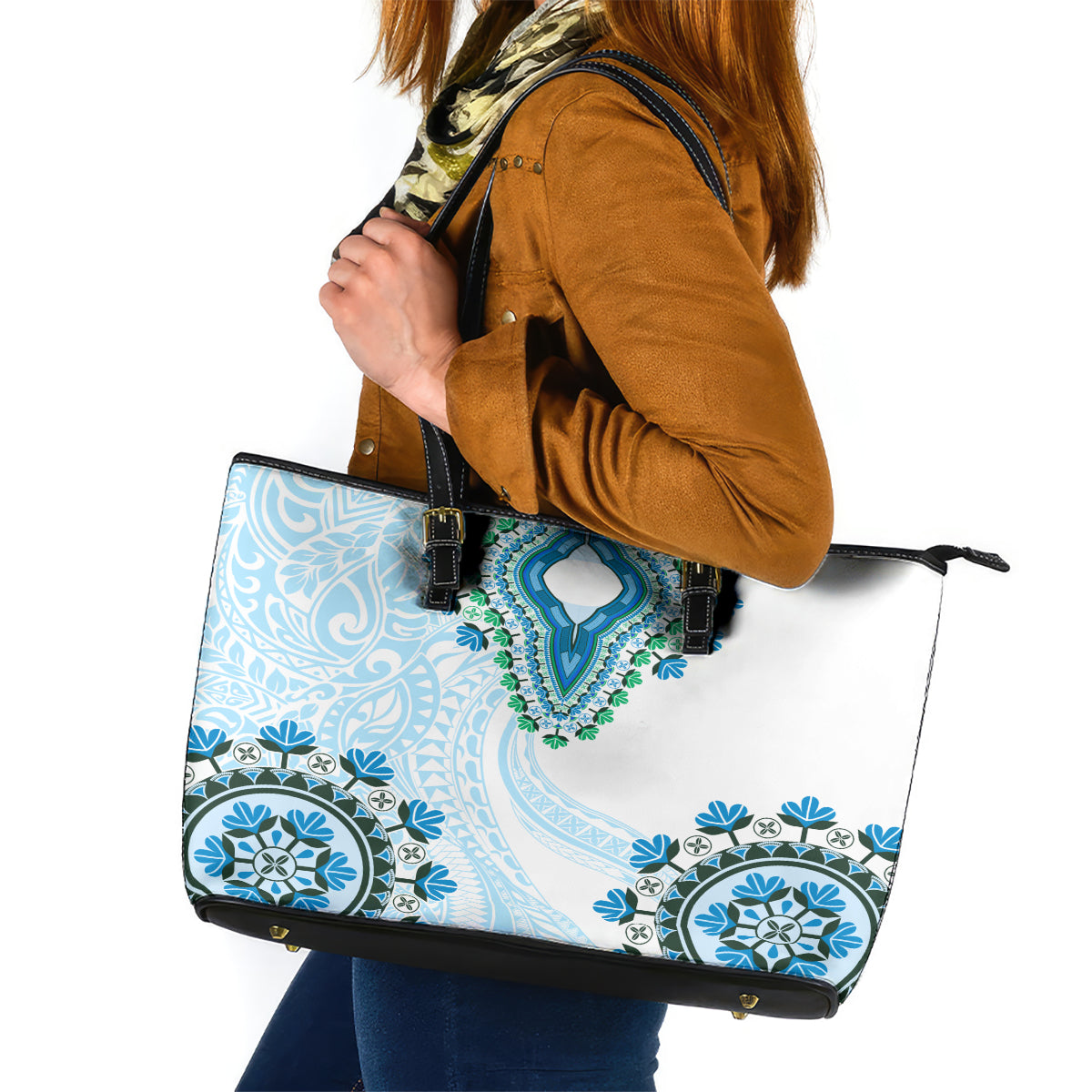 Africa Dashiki Leather Tote Bag With Polynesian Pattern Blue Version LT05 Blue - Polynesian Pride