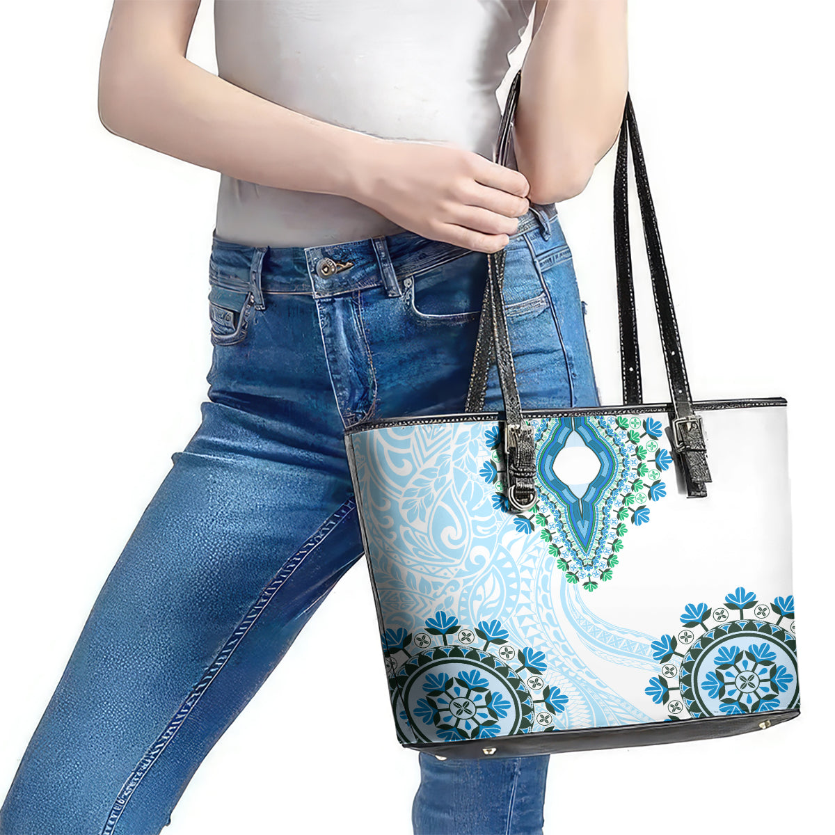 Africa Dashiki Leather Tote Bag With Polynesian Pattern Blue Version LT05 - Polynesian Pride
