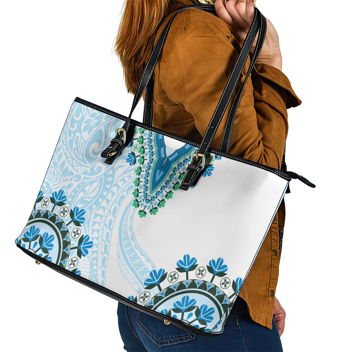 Africa Dashiki Leather Tote Bag With Polynesian Pattern Blue Version LT05 - Polynesian Pride