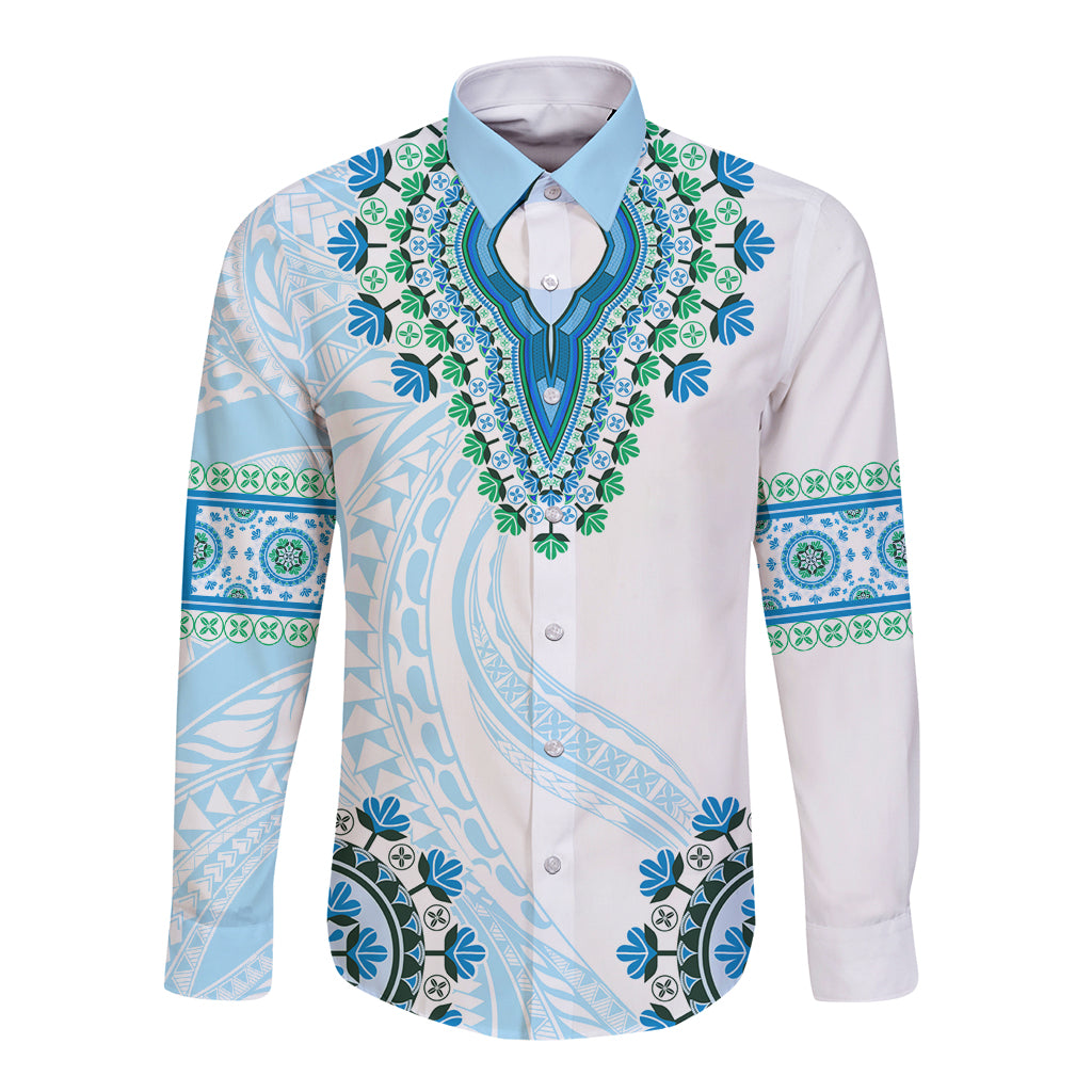 Africa Dashiki Long Sleeve Button Shirt With Polynesian Pattern Blue Version LT05 Unisex Blue - Polynesian Pride