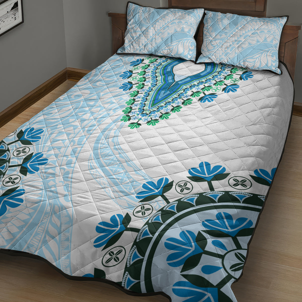 Africa Dashiki Quilt Bed Set With Polynesian Pattern Blue Version