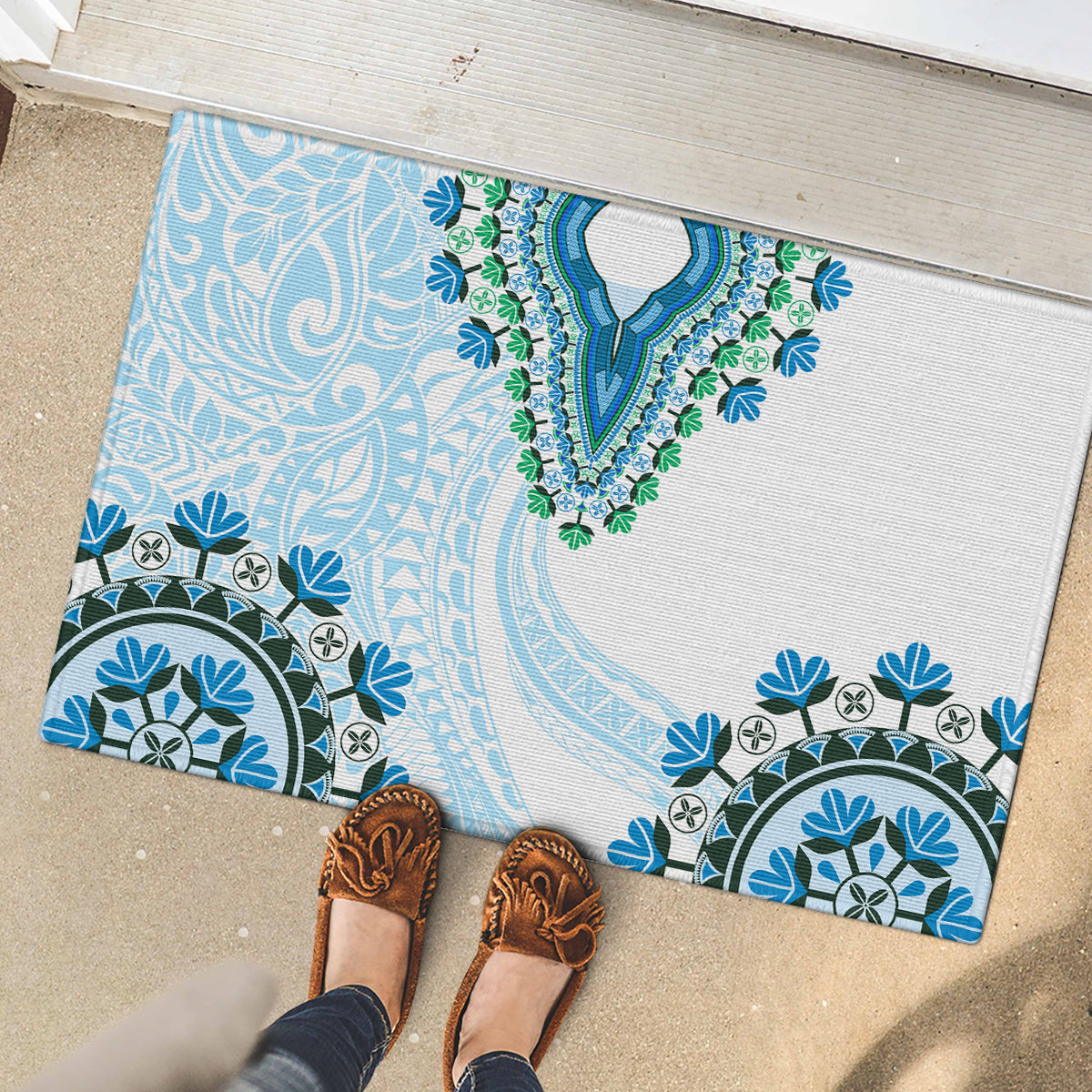 Africa Dashiki Rubber Doormat With Polynesian Pattern Blue Version LT05 - Polynesian Pride