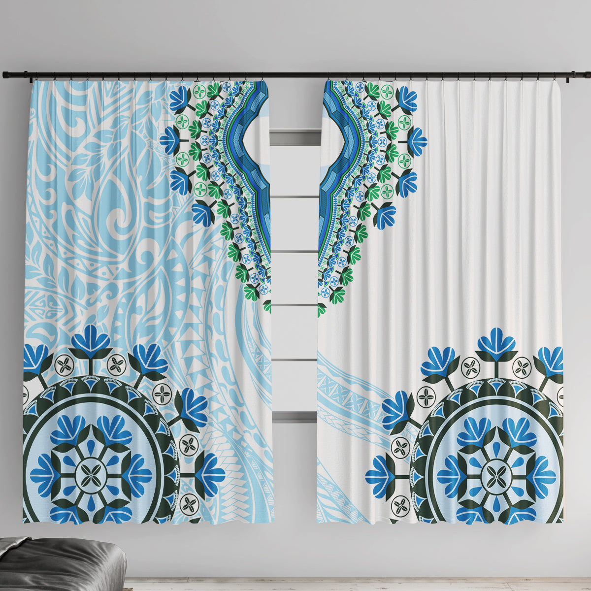 Africa Dashiki Window Curtain With Polynesian Pattern Blue Version LT05 With Hooks Blue - Polynesian Pride
