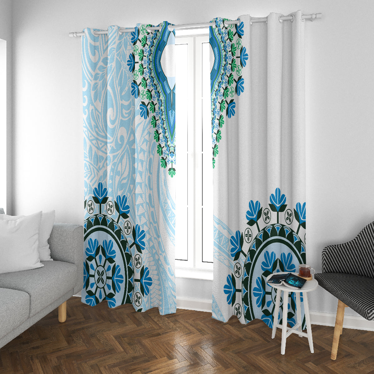 Africa Dashiki Window Curtain With Polynesian Pattern Blue Version LT05 With Grommets Blue - Polynesian Pride