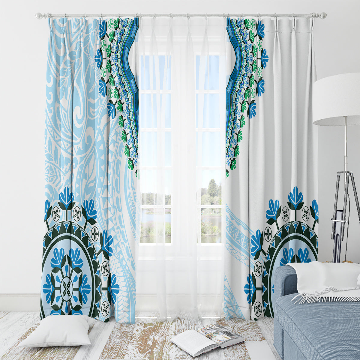 Africa Dashiki Window Curtain With Polynesian Pattern Blue Version LT05 - Polynesian Pride