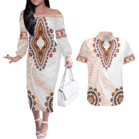 Africa Dashiki Couples Matching Off The Shoulder Long Sleeve Dress and Hawaiian Shirt With Polynesian Pattern Beige Version LT05 Beige - Polynesian Pride