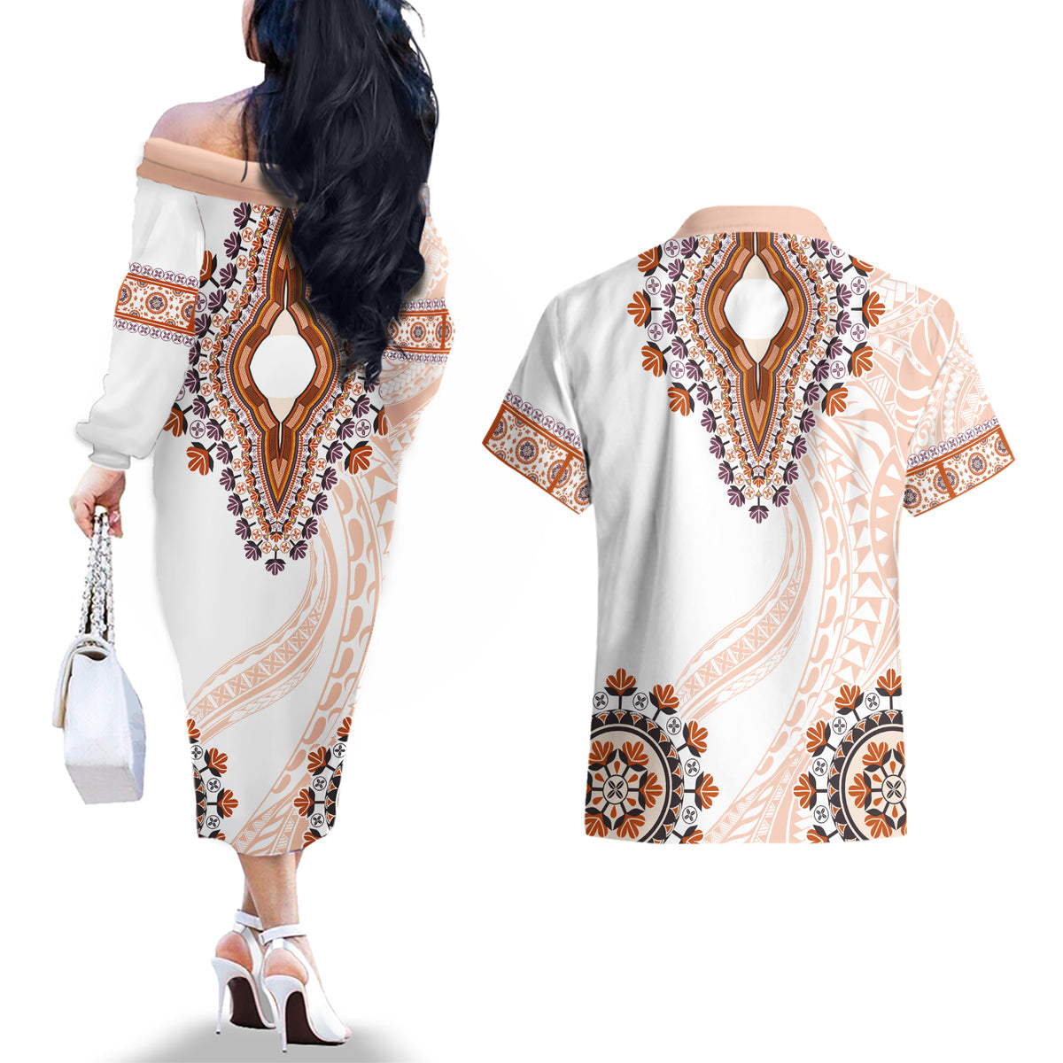 Africa Dashiki Couples Matching Off The Shoulder Long Sleeve Dress and Hawaiian Shirt With Polynesian Pattern Beige Version LT05 - Polynesian Pride