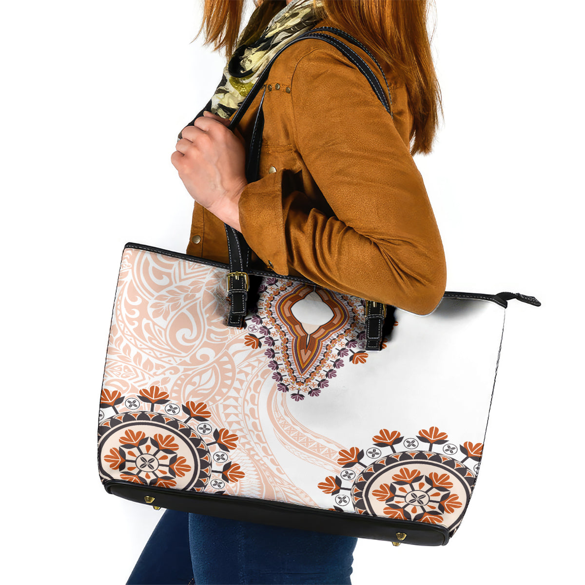 Africa Dashiki Leather Tote Bag With Polynesian Pattern Beige Version LT05 Beige - Polynesian Pride