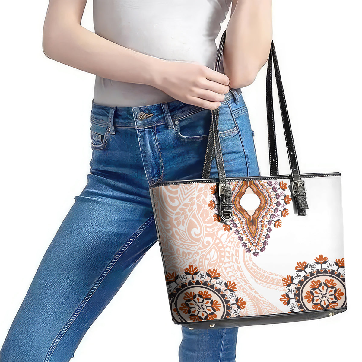 Africa Dashiki Leather Tote Bag With Polynesian Pattern Beige Version LT05 - Polynesian Pride