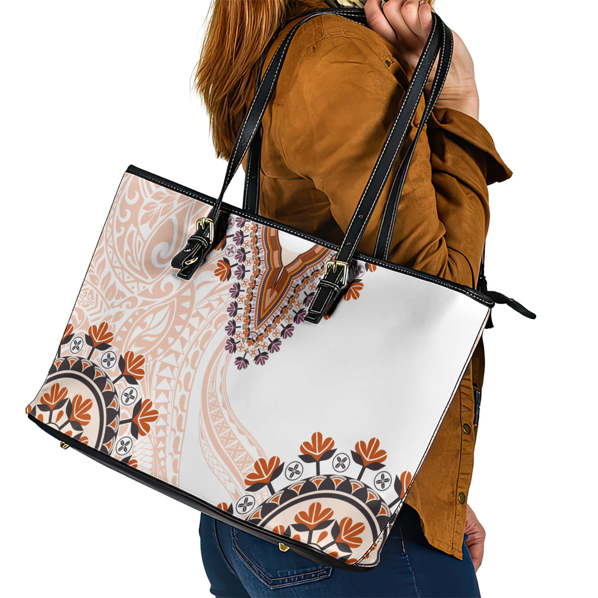 Africa Dashiki Leather Tote Bag With Polynesian Pattern Beige Version LT05 - Polynesian Pride