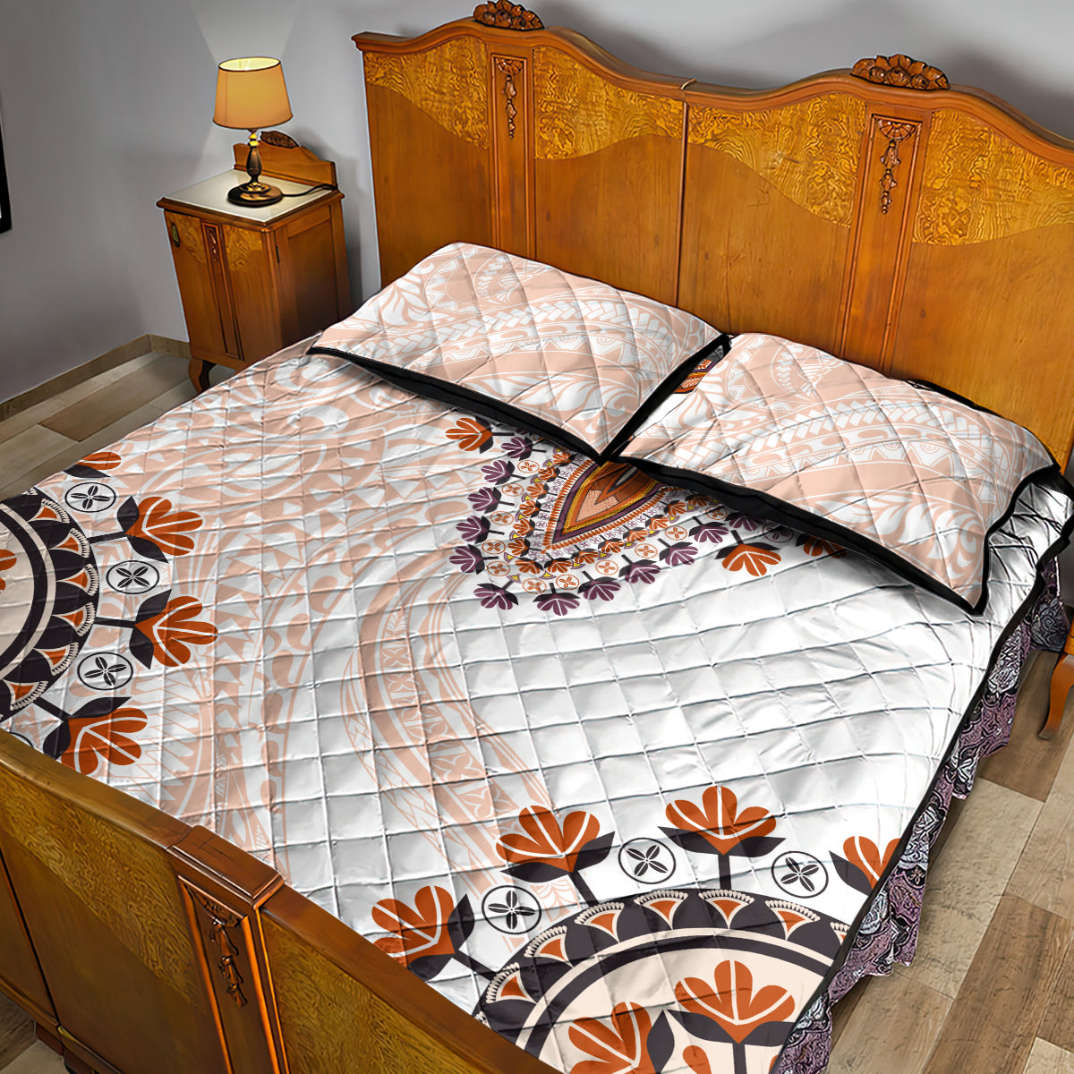 Africa Dashiki Quilt Bed Set With Polynesian Pattern Beige Version